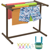 Pool Towel Rack, 5 Bar, Brown, Freestanding Outdoor PVC T-Shape Poolside Storage Organizer, Include 8 Towel Clips, Mesh Bag, Hook, Also Stores Floats and Paddles, for Beach, Swimming Pool, Home